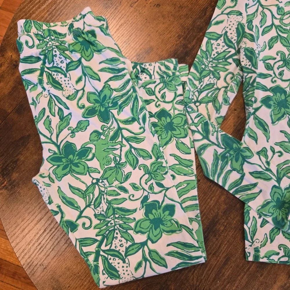 Lilly Pulitzer Girls Green White Jungle Print Pajama Set Leopard Monkey Size‎ 10